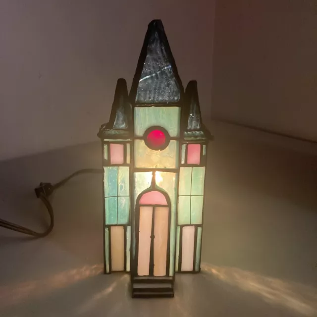 Vintage Stained Glass Lighted Church Holiday House Lamp Christmas Chapel