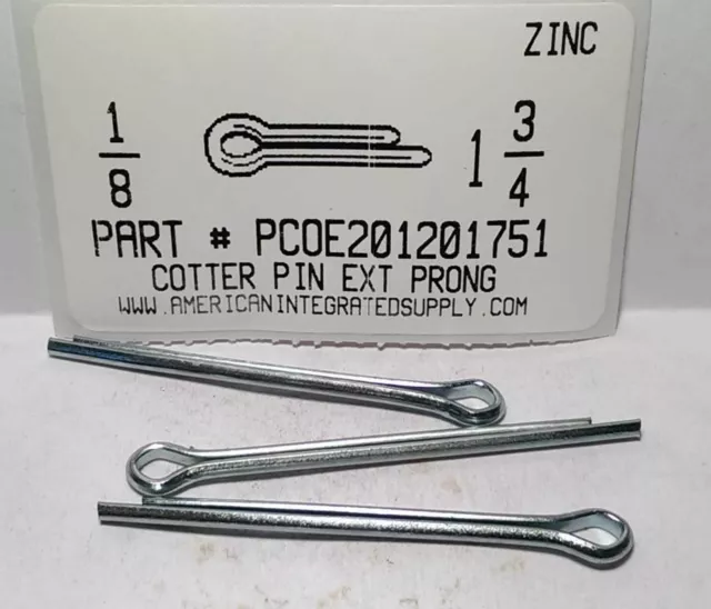 1/8X1-3/4 Cotter Pins Extended Prong Steel Zinc Plated (1000)