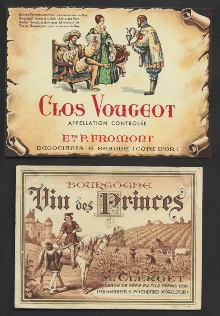 etiquettes vin, Clos de Vougeot, et Vin des Princes, anciennes et bèlles.