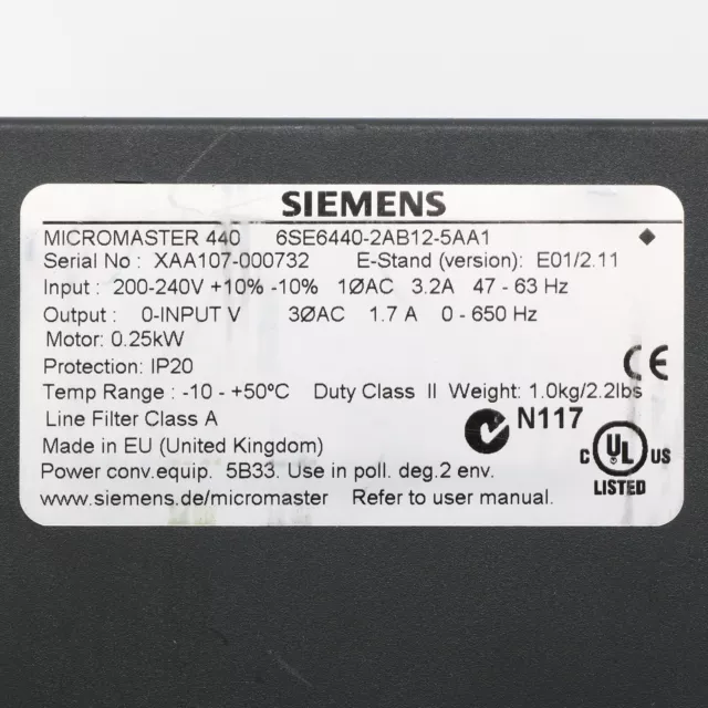 Siemens 6SE6440-2AB12-5AA1 MICROMASTER 440, 0,25kW Version: E01/2.11 3