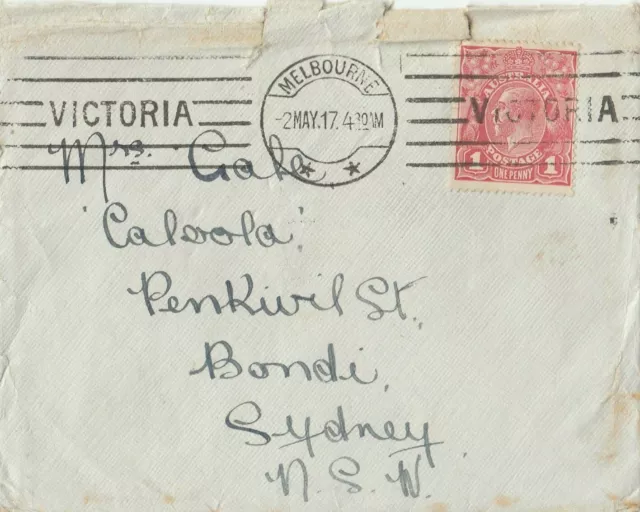 Stamp Australia 1d rose KGV G21 single watermark 1917 on plain cover Melbourne
