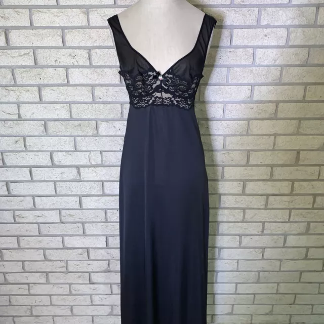 Glydons Empire Waist Vintage Long Black Nylon/Lace Full Nightgown Size Small 32B