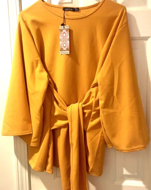 NWT Women’s BOOHOO UK Gold Wrap Plus Size 20 Blouse Top Kimono Sleeves Tie Shirt