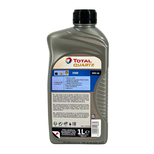 TOTAL QUARTZ 7000 SAE 10W-40 Huile Renault RN0700/0710, VW 50101, 1 ...