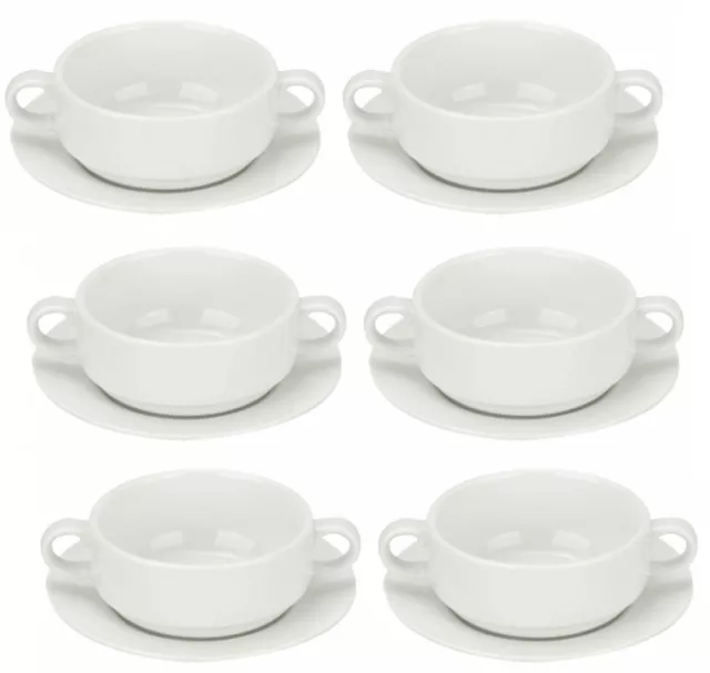 Porcelain Soup Bowls Set x 6 White Orion Catering Bowls with Handles or Saucers