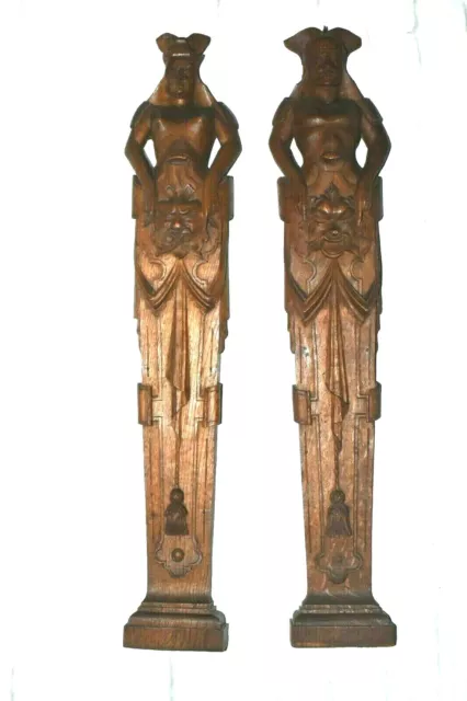 Antique PAIR of Carved Wood Figures Man & Woman Furniture Architectural 29 3/4"T