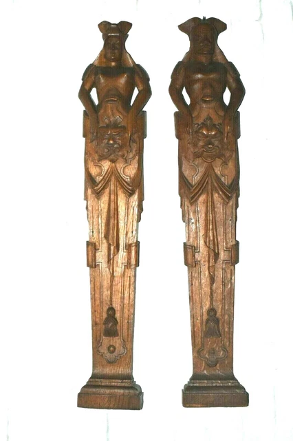 Antique PAIR of Carved Wood Figures Man & Woman Furniture Architectural 29 3/4"T