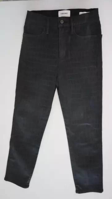 FRAME Women's Sz 26 Black Noir Croc Coated Le Sylvie Slender Straight Jeans $278