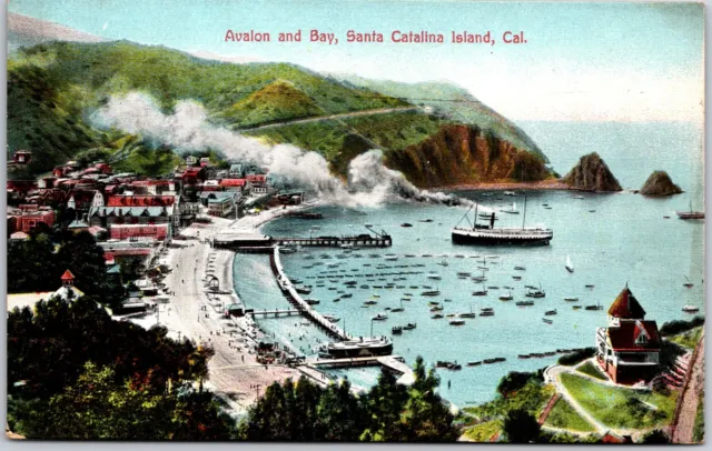 Avalon Bay Santa Catalina Island California CA Boats Ships Mountains Postcard
