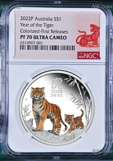 2022 Australia PROOF Colored Silver Lunar Year of the TIGER NGC PF70 1oz Coin FR