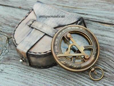 3" Handmade Brass Antique Finish Push Button Sundial Compass W/Leather Box Gift