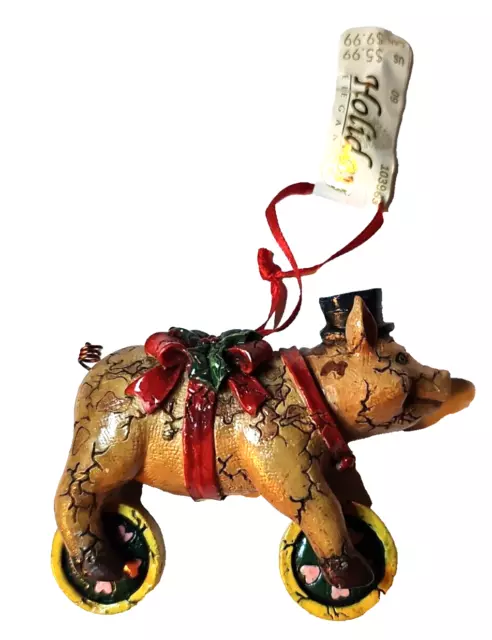 Christmas Ornament Country Hog Pig on Wheels Heart Holiday Elegance Bobble Head