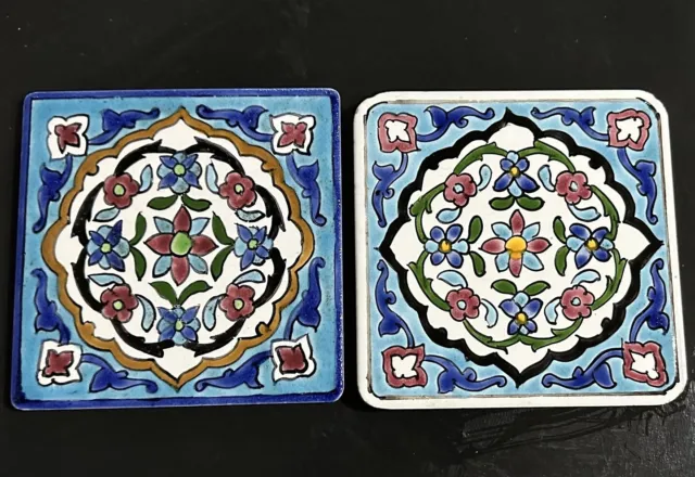 Pair of Persian Tiles Trivet Blue Flowers 6" Square