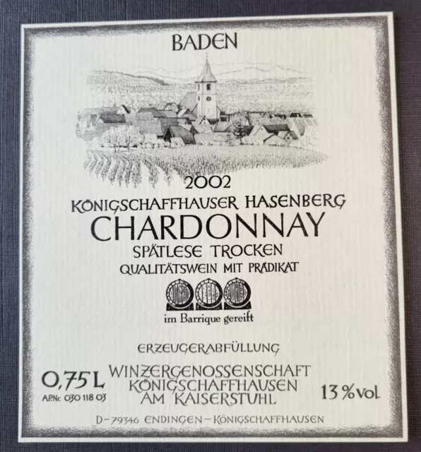 Weinetikett 2002 Königschaffhauser Hasenberg CHARDONNAY Spätlese Trocken BADEN