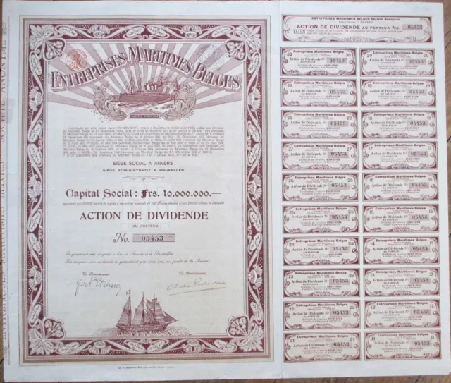 Shipping 1919 Stock Bond Certificate, Enterprises Maritimes Belges, Belgium Ship