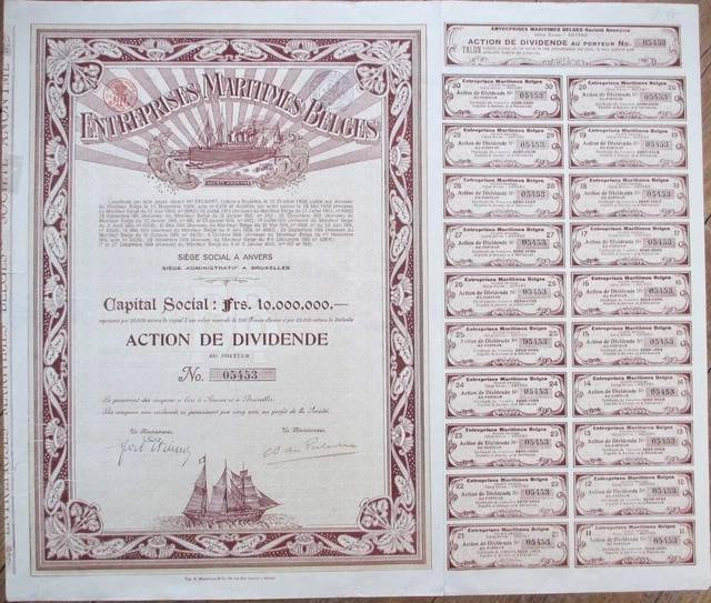 Shipping 1919 Stock Bond Certificate, Enterprises Maritimes Belges, Belgium Ship