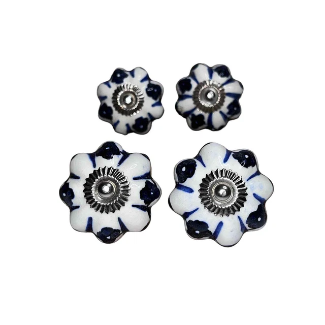 Hand Painted White & Blue Floral Ceramic Cabinet Knobs