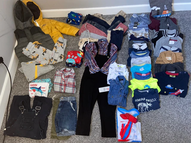 Boys Clothes Bundle 3-4 Years Dungarees T-shirts Trousers Dinosaur Next M&S F&F