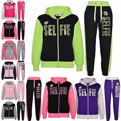 Kids #SELFIE Tracksuit Sequin Embroidered Hoodie Joggers Girls Boys Age 2-13 Yrs