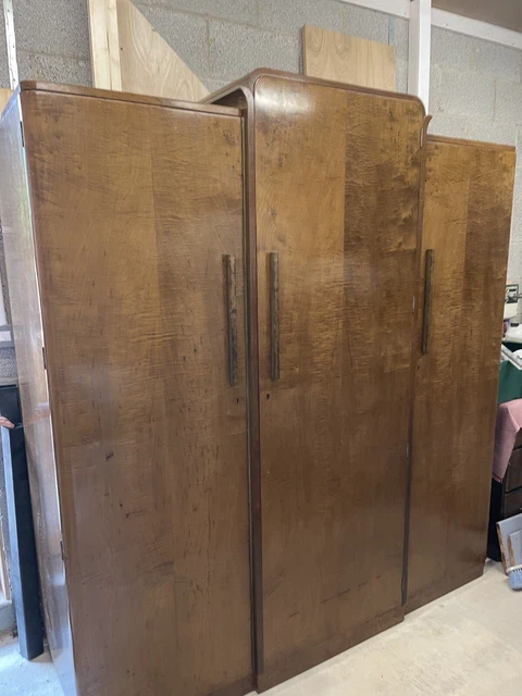 Lovely Art Deco Wardrobe In Rippled Sycamore Internal Drawers Mirrors Shoe Rack