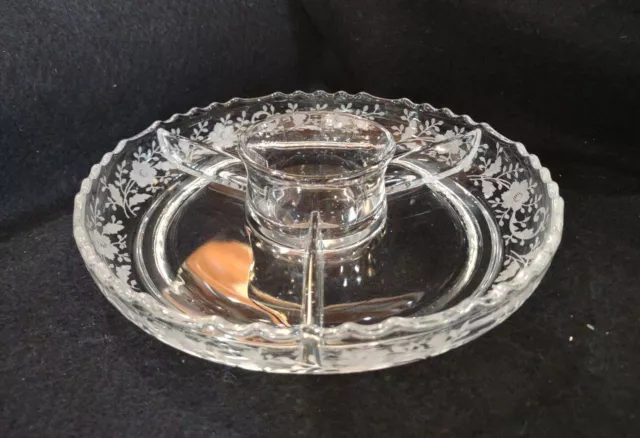 Clear Depression Glass 4 Part Divided Candy Nut Relish Dish w Center Dip Etched