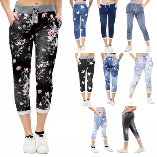 Donna Italiana Stampa Floreale da Corsa Cotone Pantaloni Leggings Magia Jeans