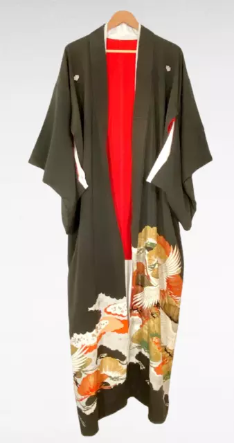 Antique Hand Painted TOMESODE Formal Black Silk Crepe Japanese Kimono Hand Sewn