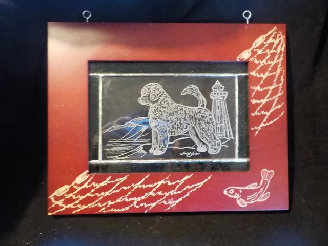 Portuguese Water Dog  hand engraved  signed glass panel with caved wood border