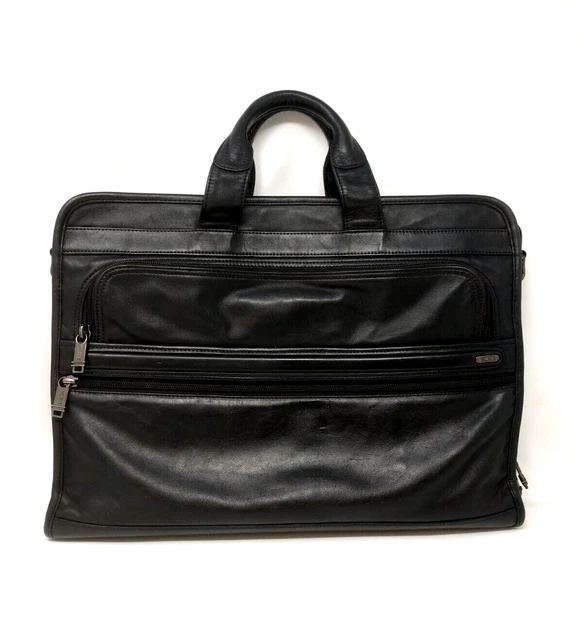 PROFESSIONALLY CLEANED! 18" Tumi Leather ALPHA Slim Laptop Bag BLACK Messenger