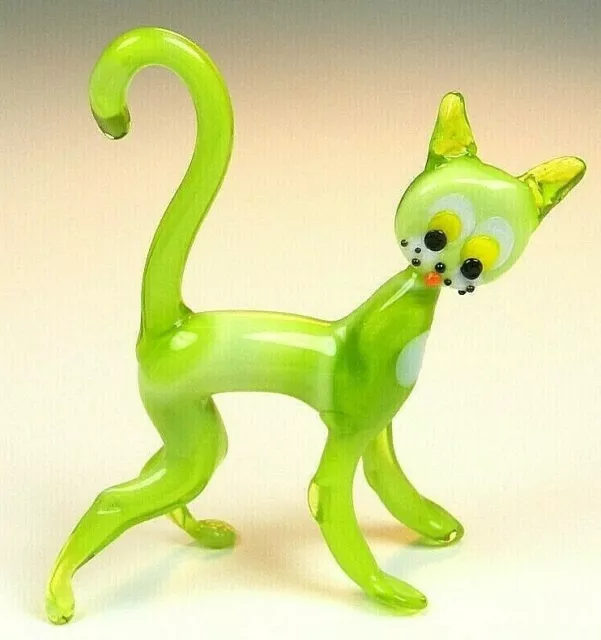 Hand Blown Glass Handmade  Art Figurine  ANIMAL GREEN CAT # 6355