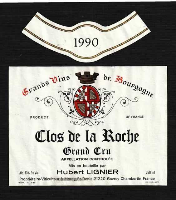 Wine Label  1990 Clos de la Roche Domaine Hubert Lignier  Grand Cru Burgundy