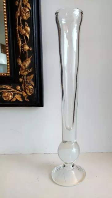 Superbe Grand Vase Artisanal - Tulipier en Verre Soufflé Transparent Pied Boule