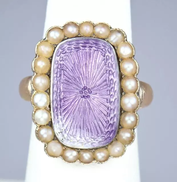 Elegant Antique Georgian 18K 15K Gold Purple Enamel Pearl Ring 1881 Size 6.75