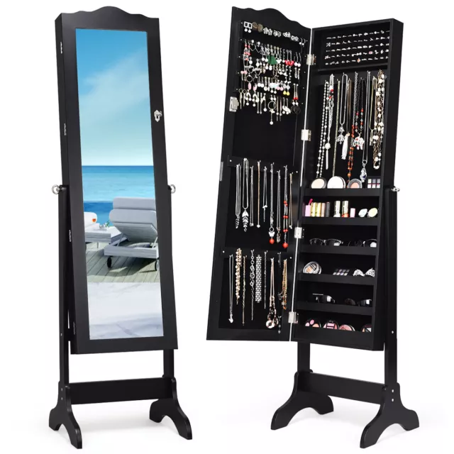 Mirrored Lockable Jewelry Cabinet Armoire Organizer Storage Box w/ Stand Black