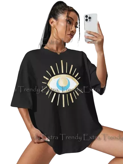 Womens Short Sleeve Sequin Eye Printed Tunic T-Shirt Ladies Round Neck Oversized
