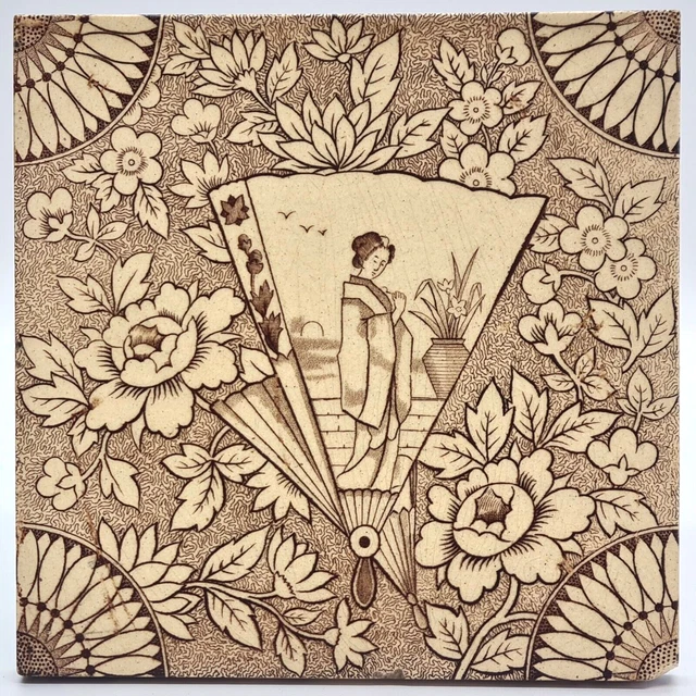 Antique Fireplace Tile Aesthetic Japanesque Transfer Printed Malkin Edge C1895