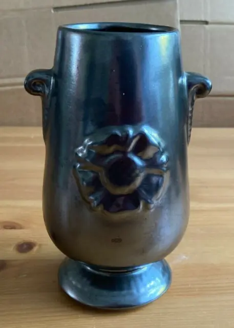 Vintage Prinknash Pewter Effect Pottery - Rose Motif  Twin Handled Vase
