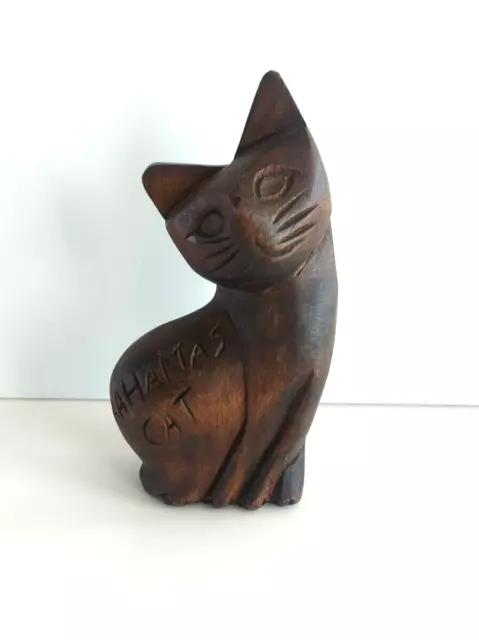 Hand Carved Wooden Bahamas Souvenir Lucky Cat Feline Figurine 6" Tall