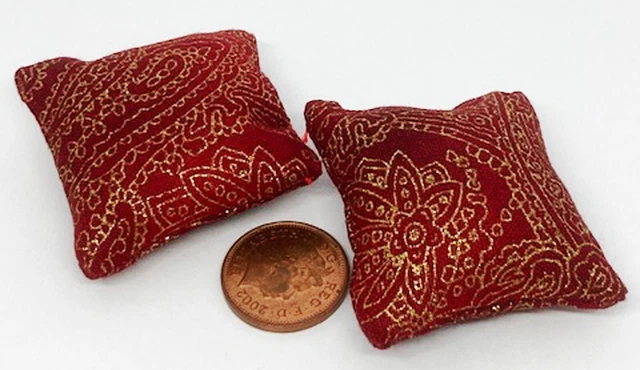 Dolls House Pair of Red Patterned Cushions Tumdee Miniature Accessory Decor DH16