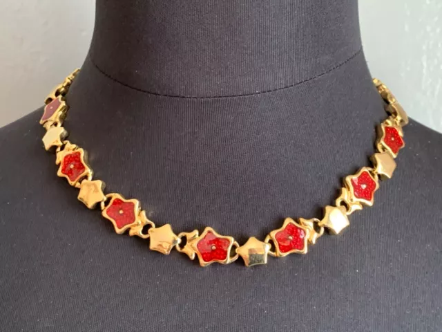 Beautiful French Designer Necklace - Red Enamel Stars links, Gilt Metal - 17"