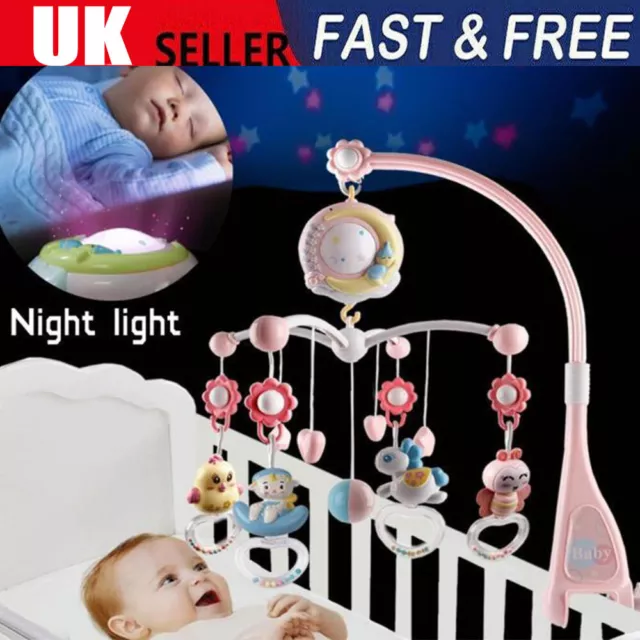 Baby Nursery Cot Mobile Musical Stars Projection detachable rattle Toy pink blue