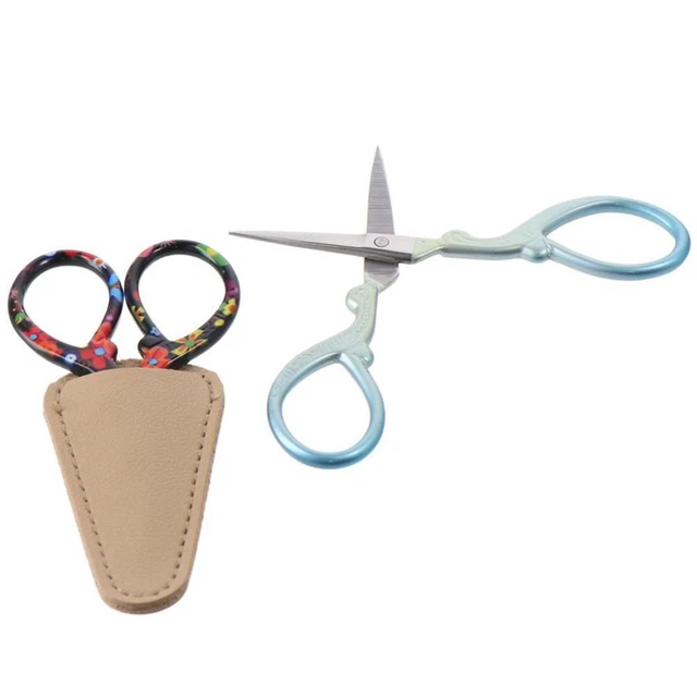 Funda de cuero artificial bordado tijeras acero inoxidable ganchillo tijeras costura