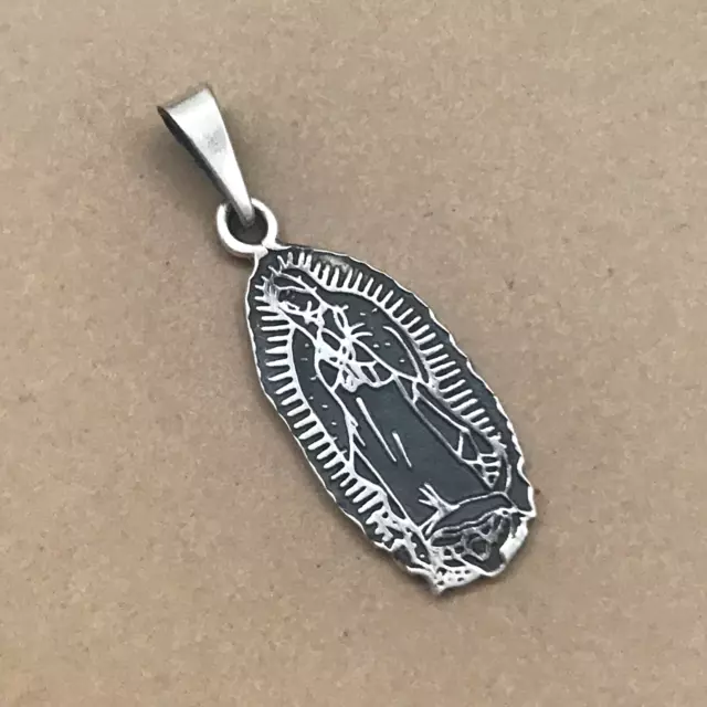 Etched Antiqued Our Lady of Guadalupe Religious Mexican 925 Silver Taxco Pendant