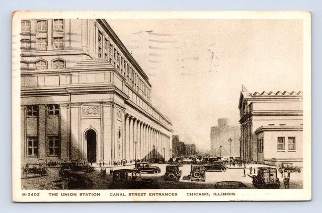 Union Station ~ Canal Street Entrance CHICAGO Antique Fred Harvey Postcard 1927