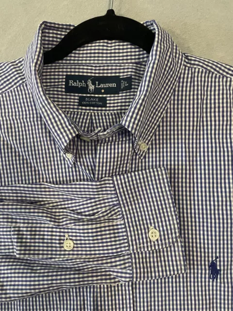 Polo Ralph Lauren Shirt Men's Large Blue White Gingham Check Button Down Blake