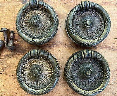 Antique Solid Brass Drop Bail Drawer Pulls Ornate Round 1 7/8" Set of 4