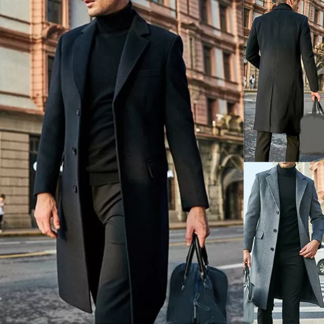 Mens Woolen Trench Coat Winter Lapel Long Jacket Office Fomal Outwear Overcoat