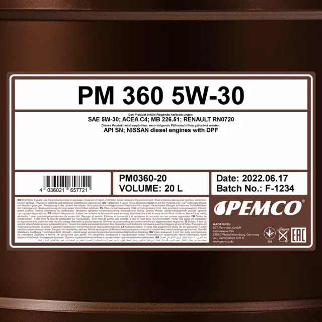 20 (1x20) litres PEMCO iDRIVE 360 SAE 5W-30 Mo 226,51/229,51 2