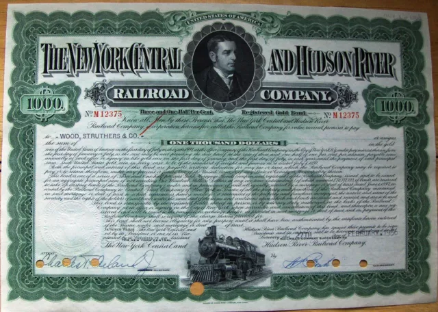 Sequencial New York Central & Hudson River RR Comp. $1000 Gold bond Payee Wood S