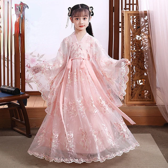 Cinese Bambino Bambina Abito Hanfu Rete Ricamo Ttang Completo Stile Etnico Chic